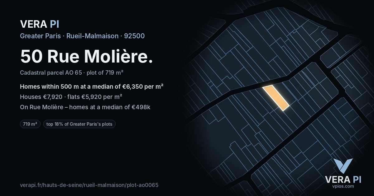 50 Rue Molière, Rueil-Malmaison at night – the plot lit, the parcels around coloured by the prices near them