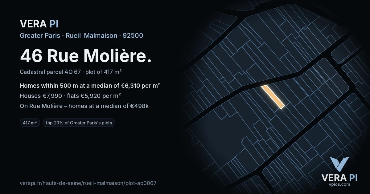 46 Rue Molière, Rueil-Malmaison at night – the plot lit, the parcels around coloured by the prices near them