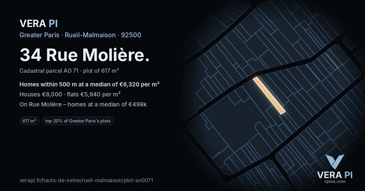 34 Rue Molière, Rueil-Malmaison at night – the plot lit, the parcels around coloured by the prices near them
