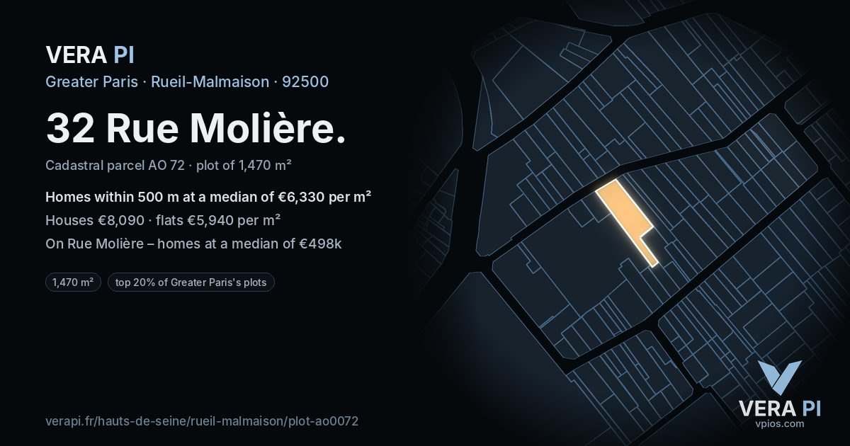 32 Rue Molière, Rueil-Malmaison at night – the plot lit, the parcels around coloured by the prices near them