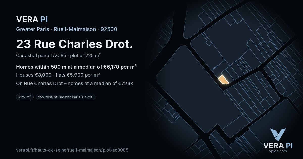 23 Rue Charles Drot, Rueil-Malmaison at night – the plot lit, the parcels around coloured by the prices near them