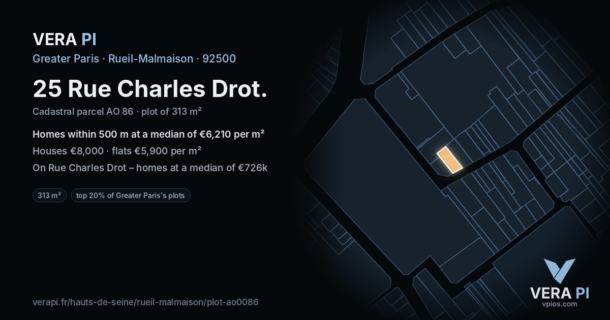 25 Rue Charles Drot, Rueil-Malmaison at night – the plot lit, the parcels around coloured by the prices near them