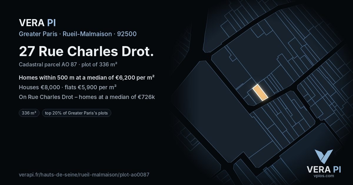 27 Rue Charles Drot, Rueil-Malmaison at night – the plot lit, the parcels around coloured by the prices near them
