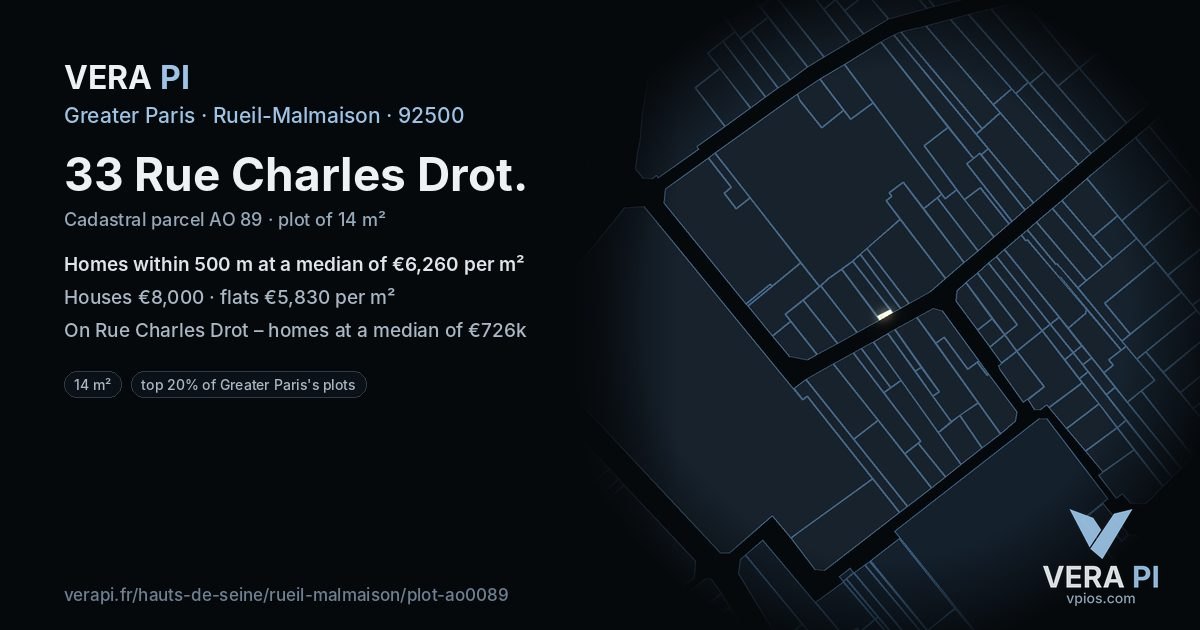 33 Rue Charles Drot, Rueil-Malmaison at night – the plot lit, the parcels around coloured by the prices near them