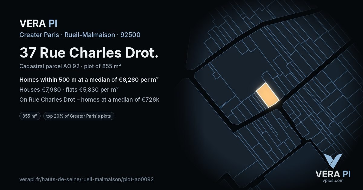 37 Rue Charles Drot, Rueil-Malmaison at night – the plot lit, the parcels around coloured by the prices near them