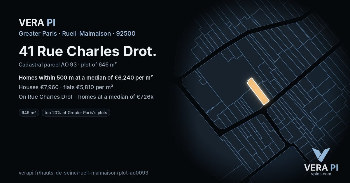 41 Rue Charles Drot, Rueil-Malmaison at night – the plot lit, the parcels around coloured by the prices near them