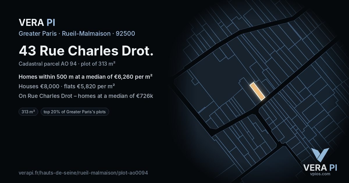 43 Rue Charles Drot, Rueil-Malmaison at night – the plot lit, the parcels around coloured by the prices near them