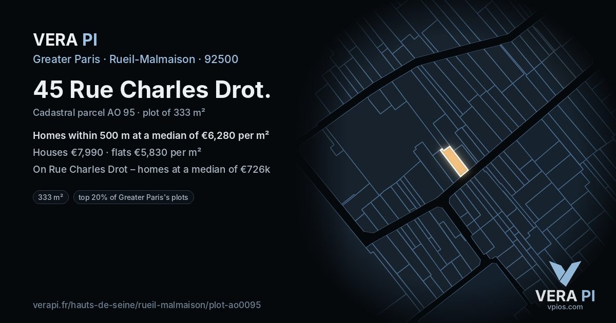 45 Rue Charles Drot, Rueil-Malmaison at night – the plot lit, the parcels around coloured by the prices near them
