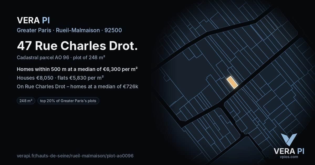 47 Rue Charles Drot, Rueil-Malmaison at night – the plot lit, the parcels around coloured by the prices near them