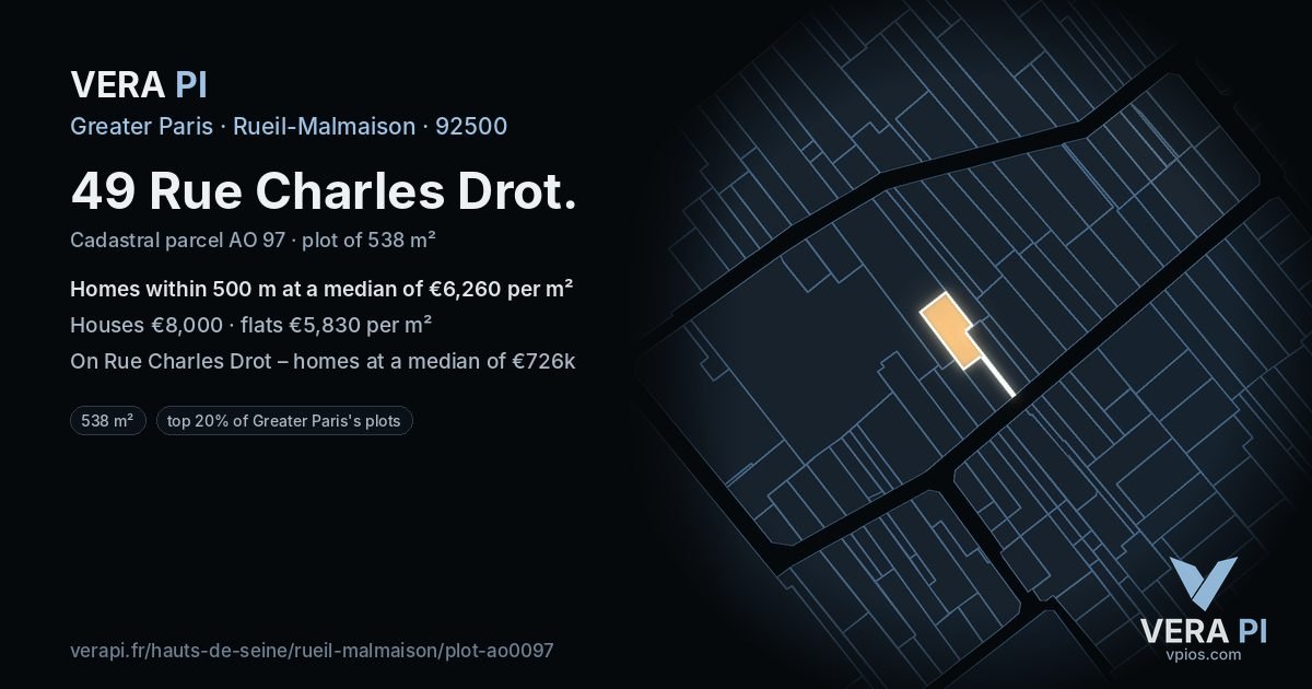 49 Rue Charles Drot, Rueil-Malmaison at night – the plot lit, the parcels around coloured by the prices near them