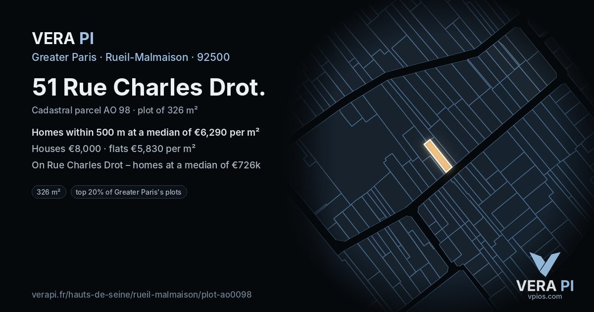 51 Rue Charles Drot, Rueil-Malmaison at night – the plot lit, the parcels around coloured by the prices near them