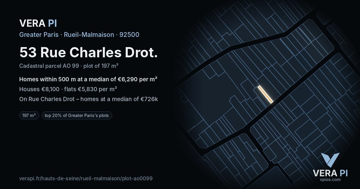 53 Rue Charles Drot, Rueil-Malmaison at night – the plot lit, the parcels around coloured by the prices near them