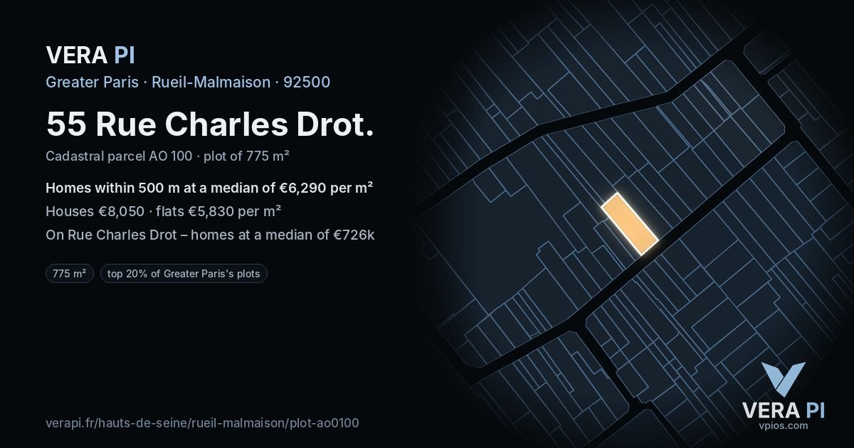 55 Rue Charles Drot, Rueil-Malmaison at night – the plot lit, the parcels around coloured by the prices near them