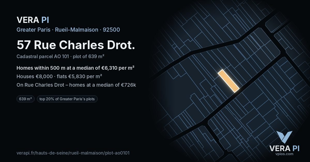 57 Rue Charles Drot, Rueil-Malmaison at night – the plot lit, the parcels around coloured by the prices near them