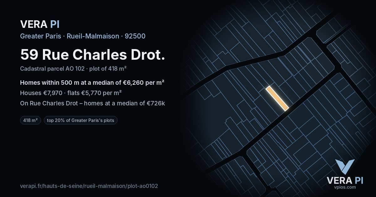 59 Rue Charles Drot, Rueil-Malmaison at night – the plot lit, the parcels around coloured by the prices near them