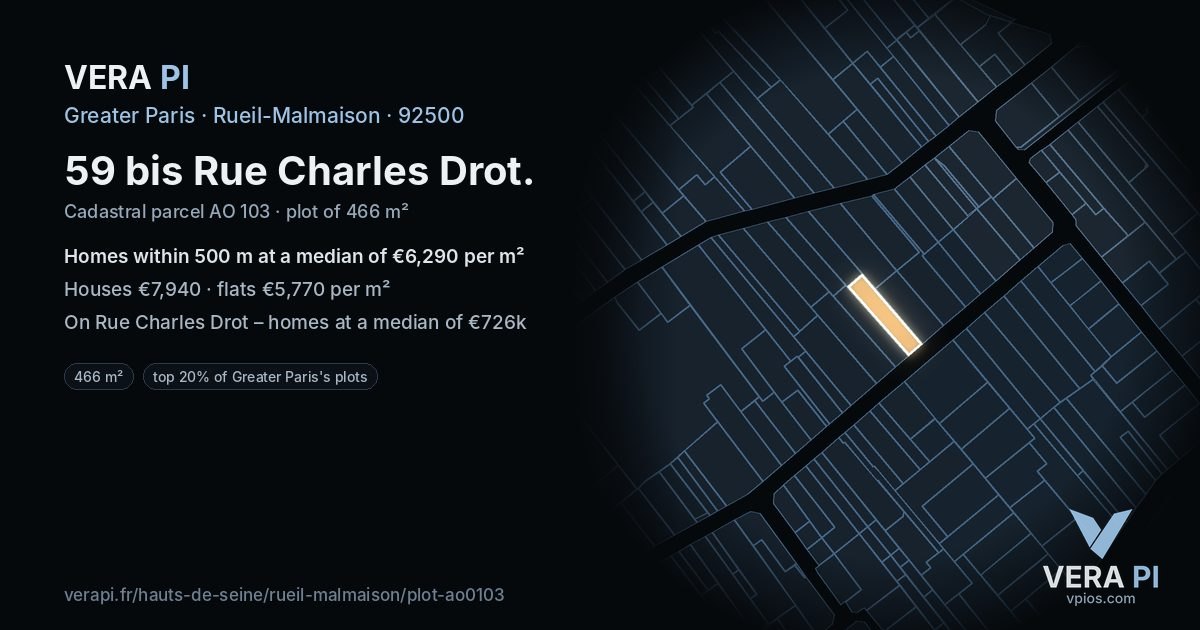 59 bis Rue Charles Drot, Rueil-Malmaison at night – the plot lit, the parcels around coloured by the prices near them