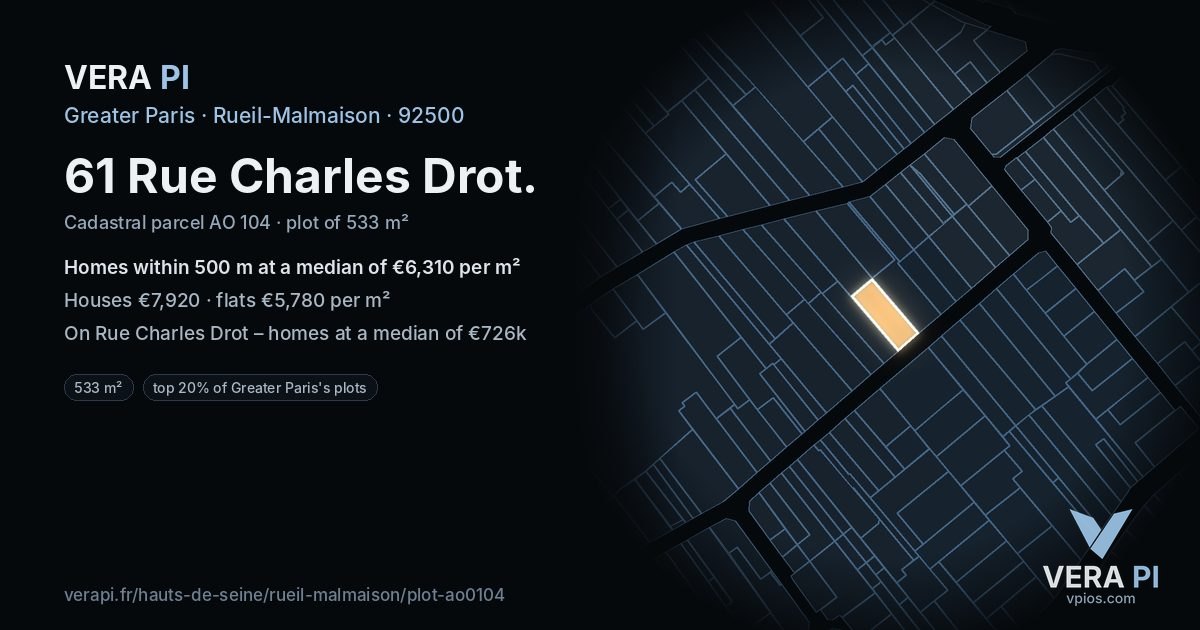 61 Rue Charles Drot, Rueil-Malmaison at night – the plot lit, the parcels around coloured by the prices near them