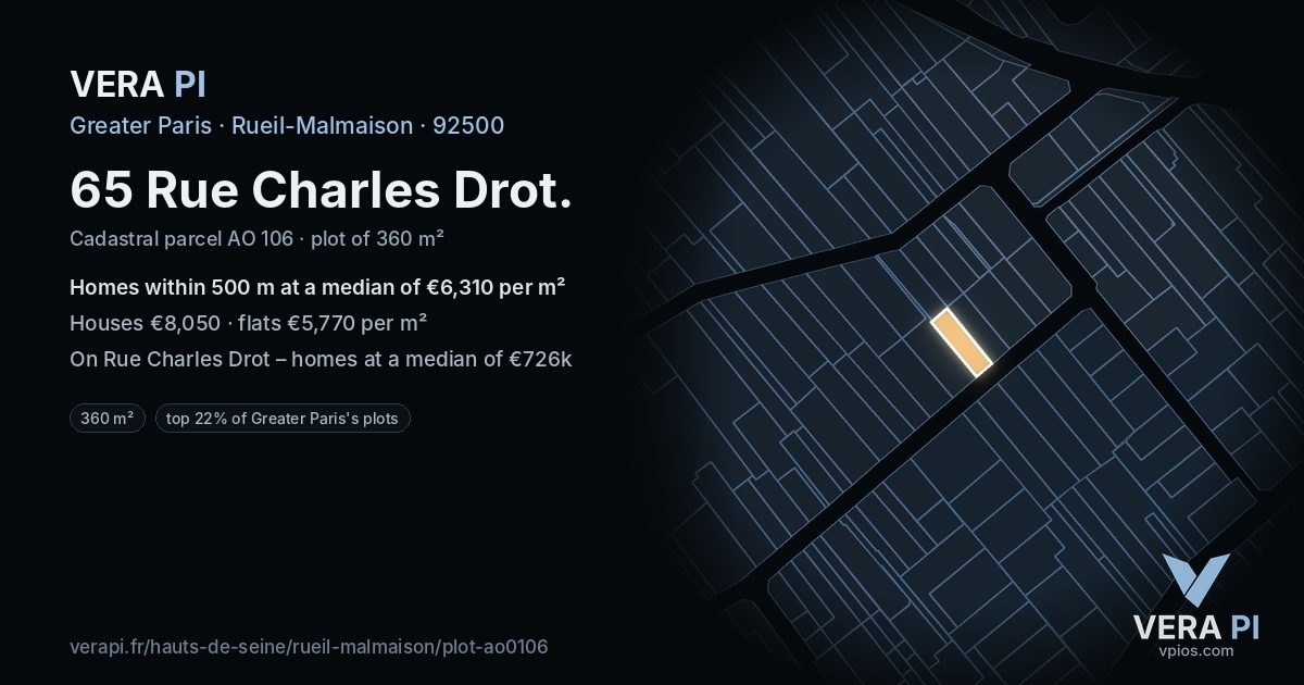 65 Rue Charles Drot, Rueil-Malmaison at night – the plot lit, the parcels around coloured by the prices near them