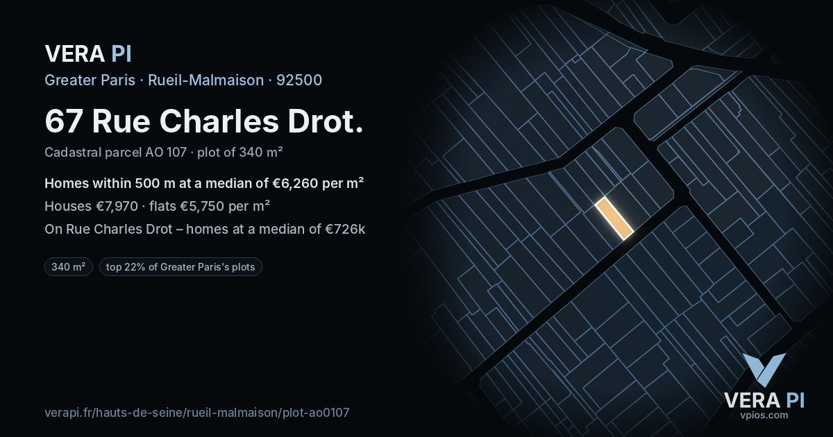 67 Rue Charles Drot, Rueil-Malmaison at night – the plot lit, the parcels around coloured by the prices near them