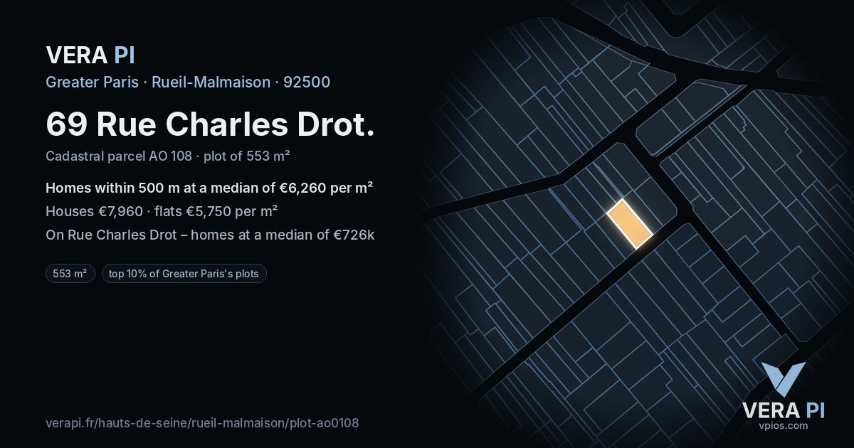 69 Rue Charles Drot, Rueil-Malmaison at night – the plot lit, the parcels around coloured by the prices near them