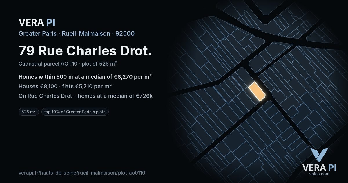 79 Rue Charles Drot, Rueil-Malmaison at night – the plot lit, the parcels around coloured by the prices near them