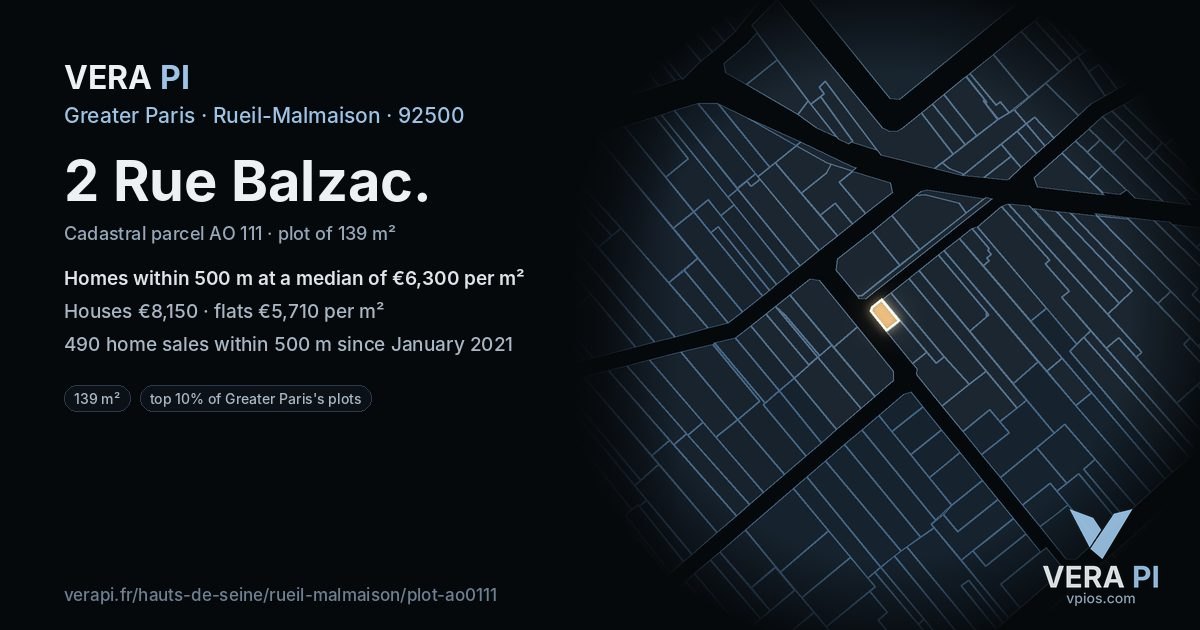 2 Rue Balzac, Rueil-Malmaison at night – the plot lit, the parcels around coloured by the prices near them