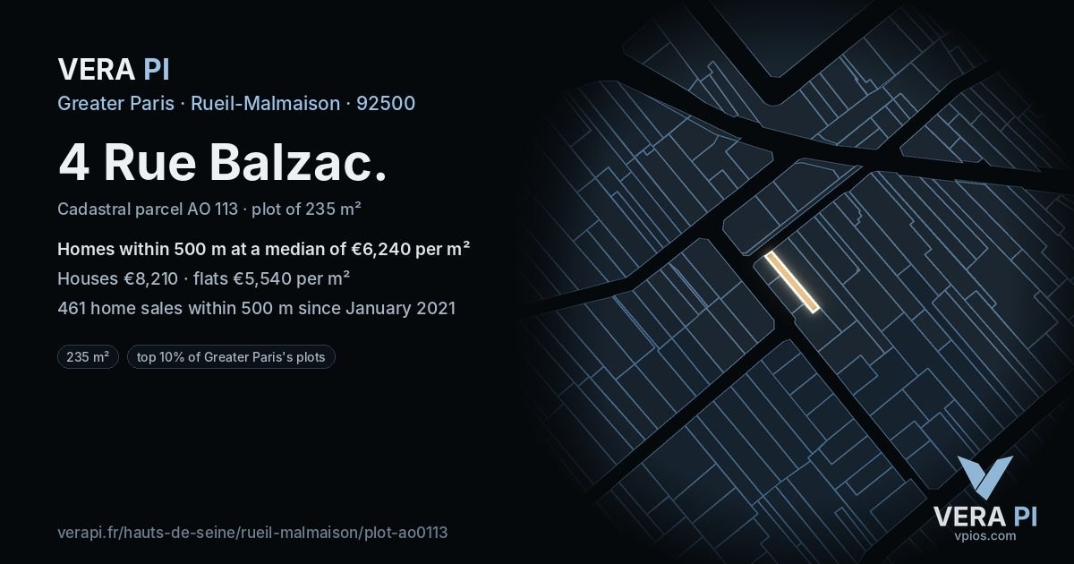 4 Rue Balzac, Rueil-Malmaison at night – the plot lit, the parcels around coloured by the prices near them