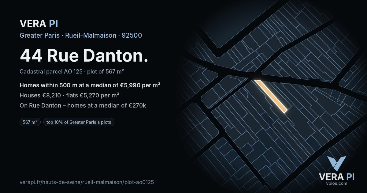 44 Rue Danton, Rueil-Malmaison at night – the plot lit, the parcels around coloured by the prices near them