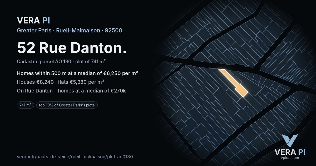 52 Rue Danton, Rueil-Malmaison at night – the plot lit, the parcels around coloured by the prices near them