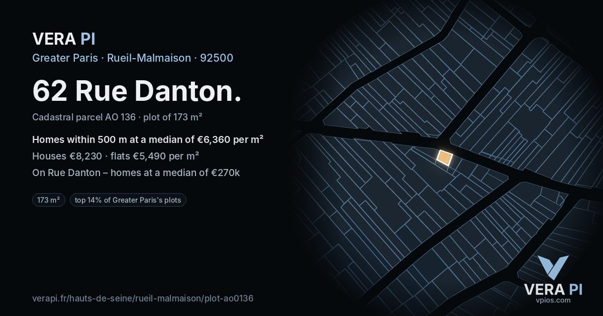62 Rue Danton, Rueil-Malmaison at night – the plot lit, the parcels around coloured by the prices near them