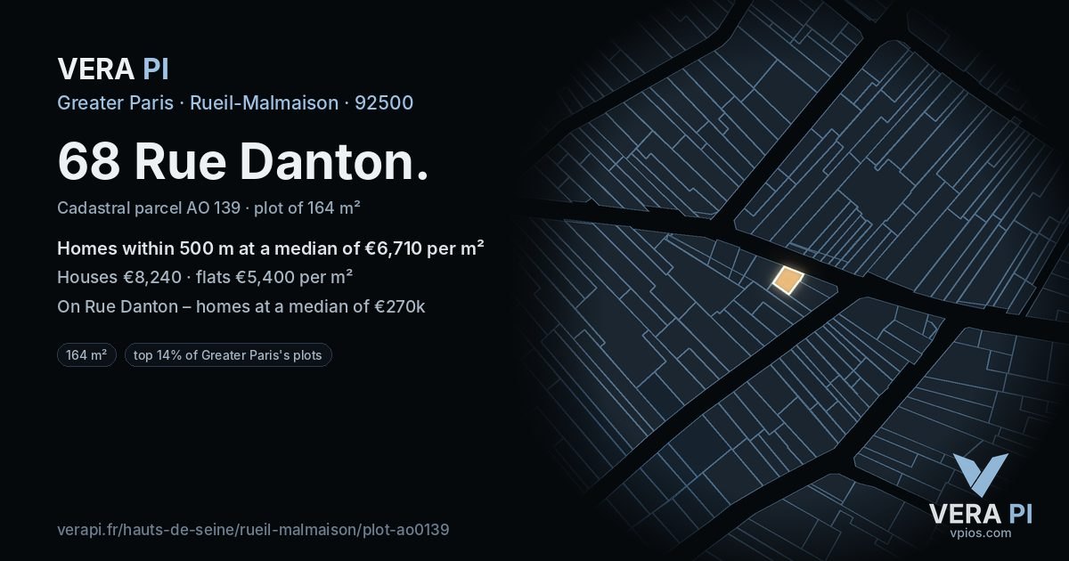68 Rue Danton, Rueil-Malmaison at night – the plot lit, the parcels around coloured by the prices near them
