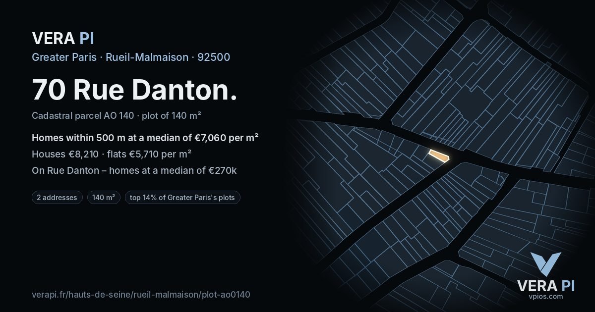 70 Rue Danton, Rueil-Malmaison at night – the plot lit, the parcels around coloured by the prices near them