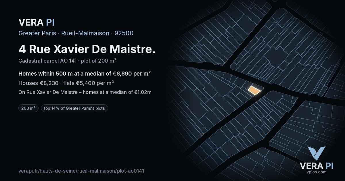 4 Rue Xavier De Maistre, Rueil-Malmaison at night – the plot lit, the parcels around coloured by the prices near them