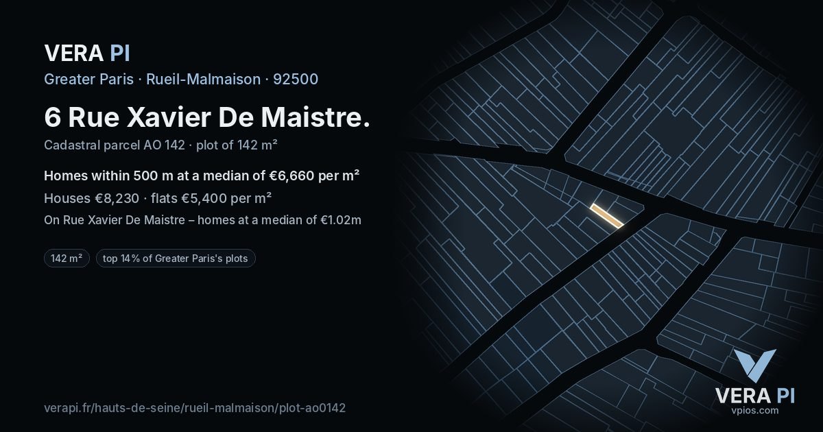 6 Rue Xavier De Maistre, Rueil-Malmaison at night – the plot lit, the parcels around coloured by the prices near them