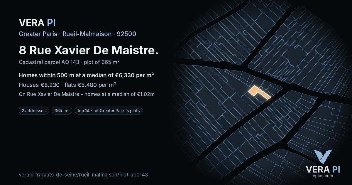 8 Rue Xavier De Maistre, Rueil-Malmaison at night – the plot lit, the parcels around coloured by the prices near them
