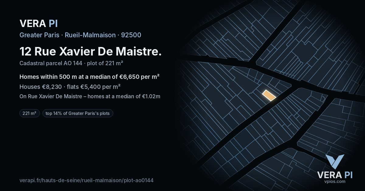 12 Rue Xavier De Maistre, Rueil-Malmaison at night – the plot lit, the parcels around coloured by the prices near them