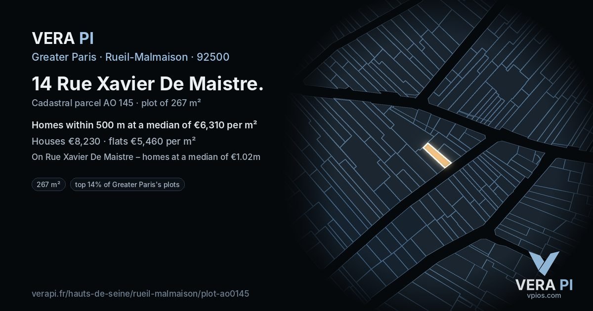 14 Rue Xavier De Maistre, Rueil-Malmaison at night – the plot lit, the parcels around coloured by the prices near them