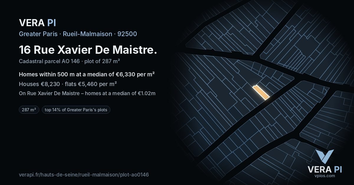 16 Rue Xavier De Maistre, Rueil-Malmaison at night – the plot lit, the parcels around coloured by the prices near them