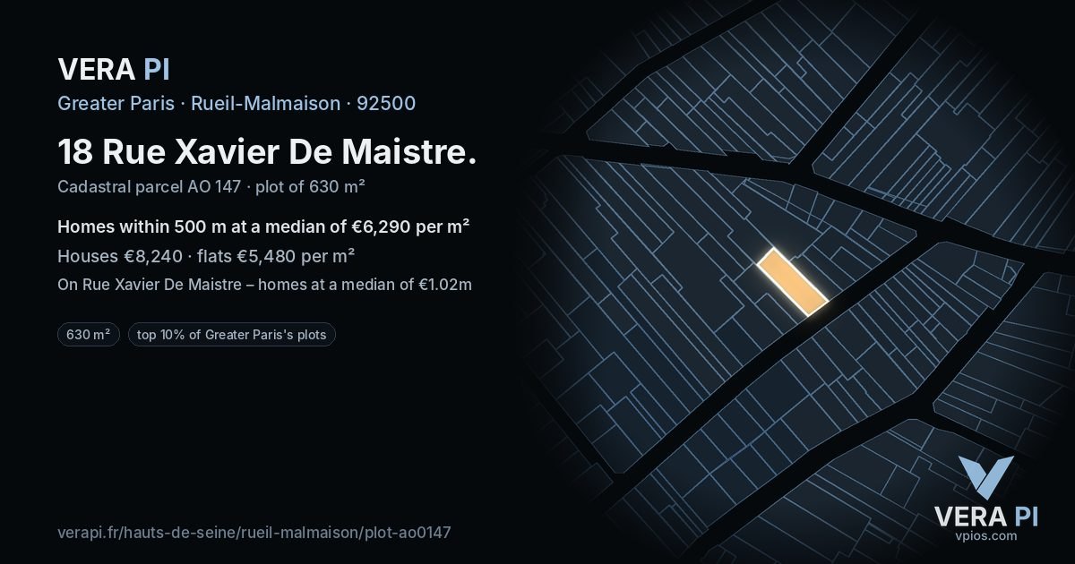 18 Rue Xavier De Maistre, Rueil-Malmaison at night – the plot lit, the parcels around coloured by the prices near them