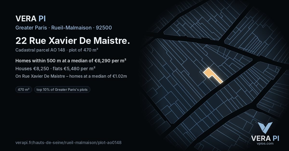 22 Rue Xavier De Maistre, Rueil-Malmaison at night – the plot lit, the parcels around coloured by the prices near them