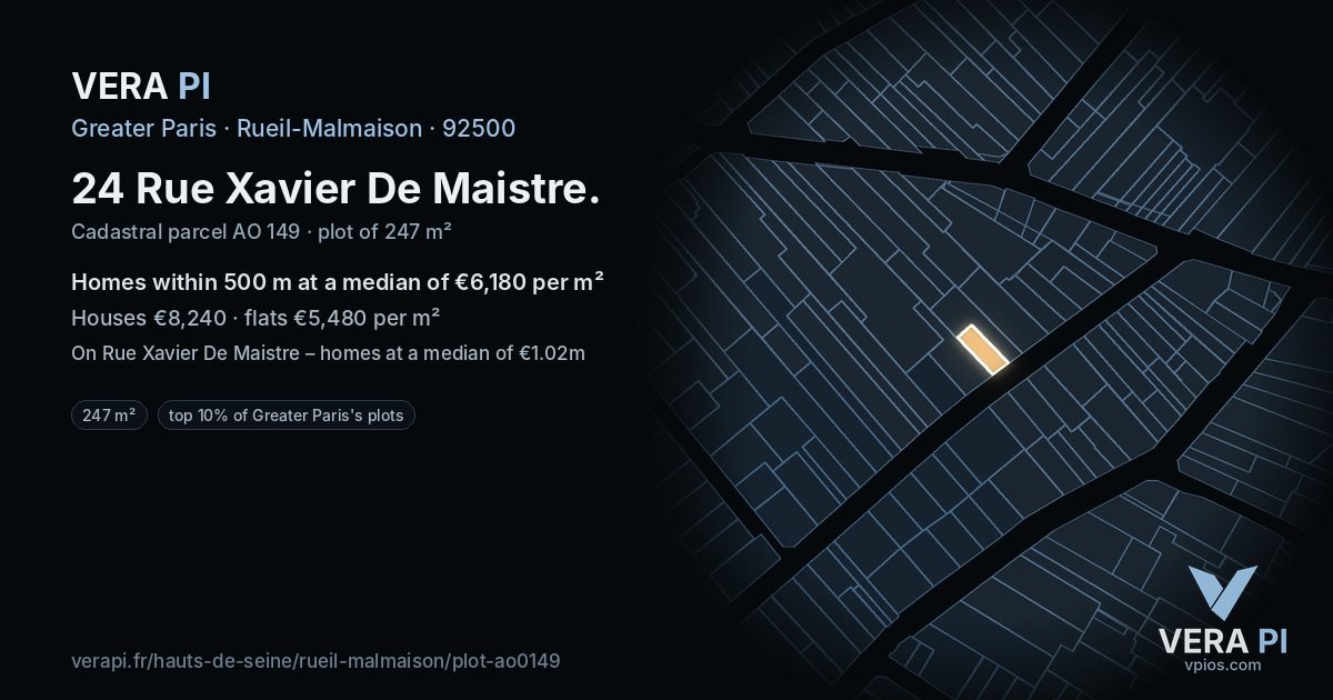 24 Rue Xavier De Maistre, Rueil-Malmaison at night – the plot lit, the parcels around coloured by the prices near them