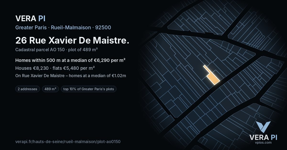 26 Rue Xavier De Maistre, Rueil-Malmaison at night – the plot lit, the parcels around coloured by the prices near them