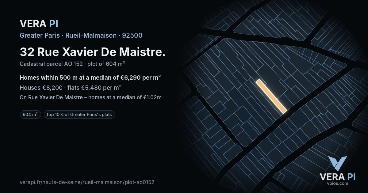 32 Rue Xavier De Maistre, Rueil-Malmaison at night – the plot lit, the parcels around coloured by the prices near them