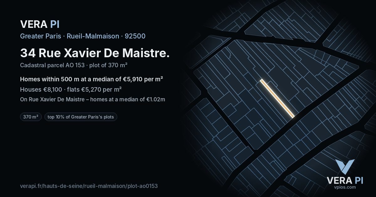 34 Rue Xavier De Maistre, Rueil-Malmaison at night – the plot lit, the parcels around coloured by the prices near them