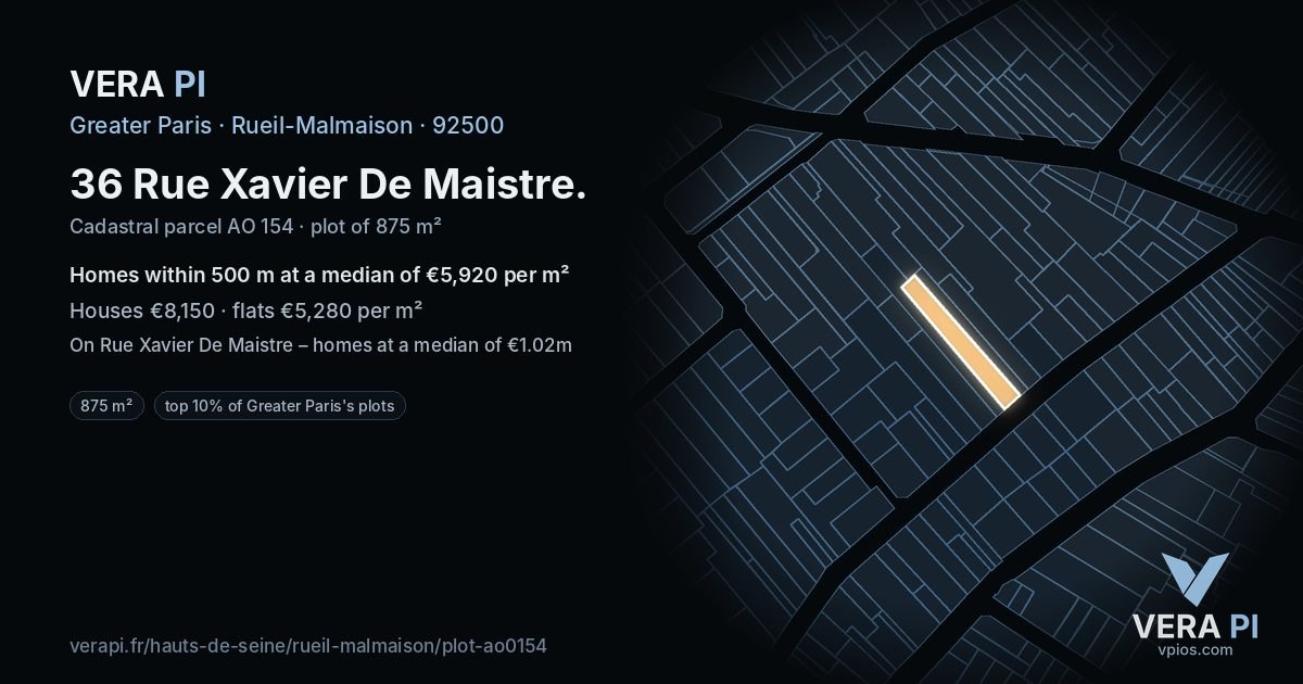 36 Rue Xavier De Maistre, Rueil-Malmaison at night – the plot lit, the parcels around coloured by the prices near them