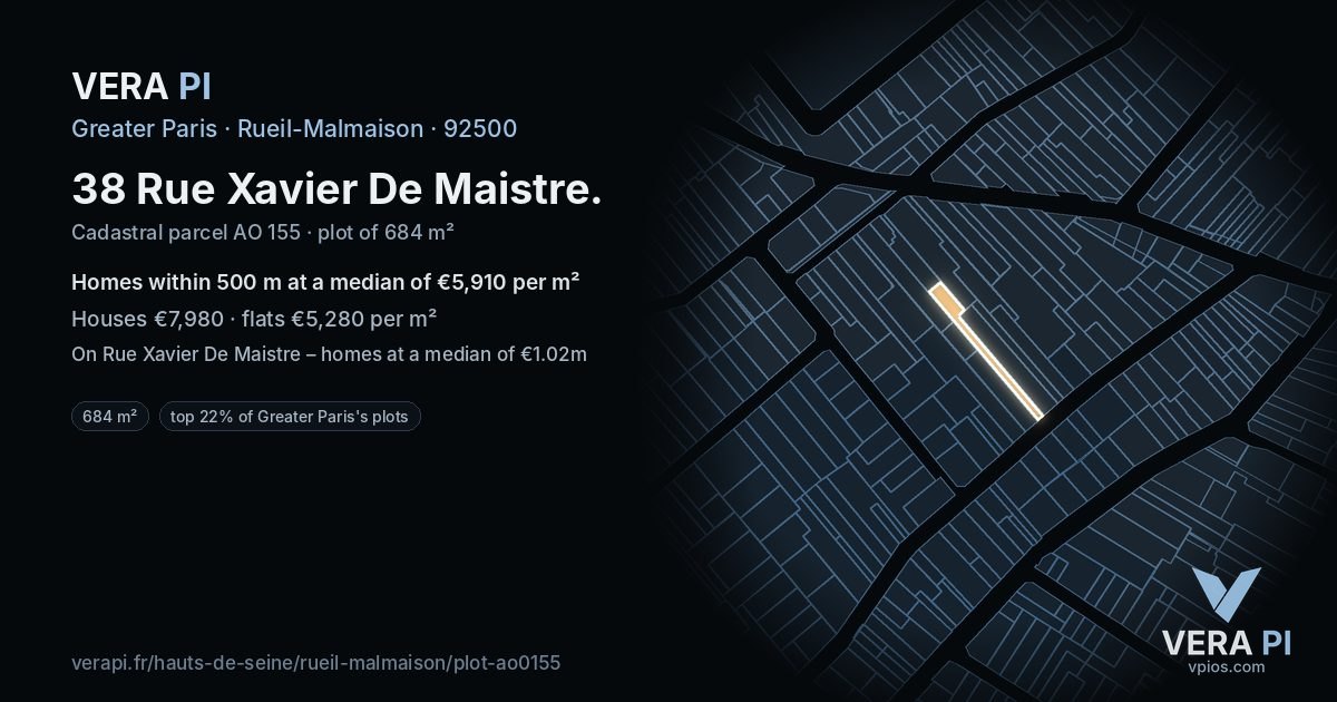 38 Rue Xavier De Maistre, Rueil-Malmaison at night – the plot lit, the parcels around coloured by the prices near them