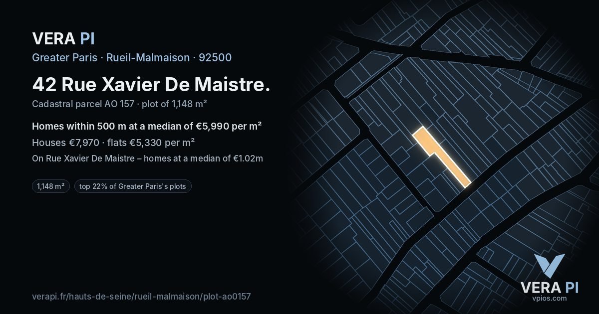 42 Rue Xavier De Maistre, Rueil-Malmaison at night – the plot lit, the parcels around coloured by the prices near them