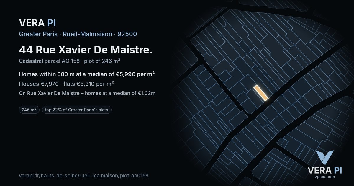 44 Rue Xavier De Maistre, Rueil-Malmaison at night – the plot lit, the parcels around coloured by the prices near them