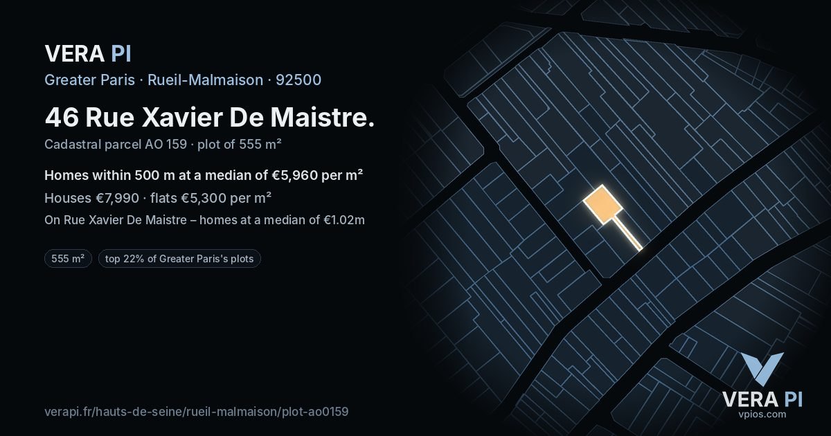 46 Rue Xavier De Maistre, Rueil-Malmaison at night – the plot lit, the parcels around coloured by the prices near them