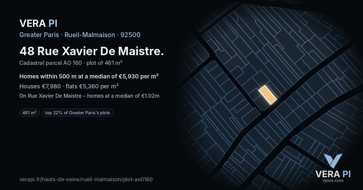 48 Rue Xavier De Maistre, Rueil-Malmaison at night – the plot lit, the parcels around coloured by the prices near them